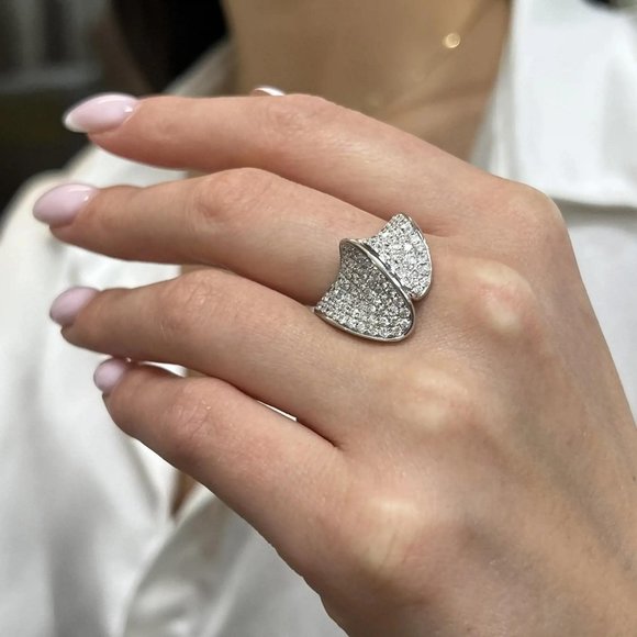 1.58Cttw Pave Set Round Cut Diamond Ladies Cocktail Ring 14K White Gold Size 7.5